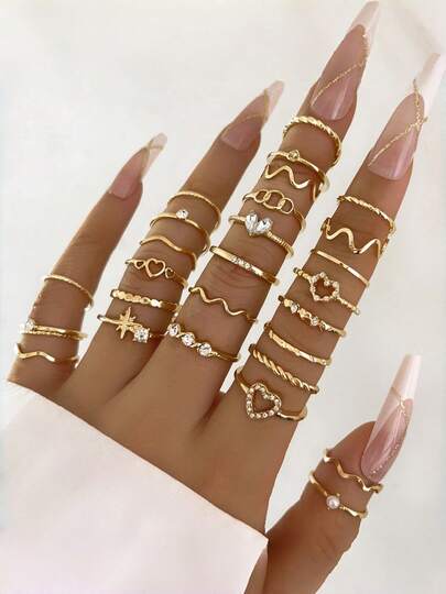 Stackable Gold Rings, Heart Shaped Rhinestone, Multiple Styles, Knuckle Rings, Thick Gold Ring Set, Delicate Stacking Cute Rings, Various Sizes, Adorable Jewelry Gift Set
