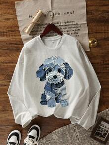 Petite 女士休闲圆领棉质长袖印花 T 恤，百搭秋冬装 - 淺花灰 - 查看 4