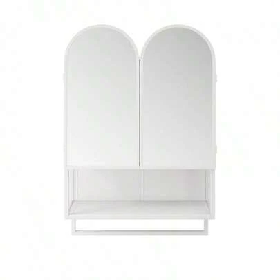 Modernt 60 cm spegelskåp med dubbelbåge, medicinskåp med 2 dörrar, väggskåp i metall med öppen hylla och handdukshängare, spegelskåp med förvaring för badrum, vardagsrum och sovrum, svart.