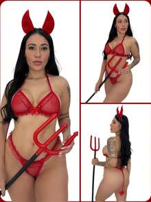 Devil Costume With Horns, Thong, Sexy Lace Lingerie, Sequined Sensual Set - Đỏ - Xem 5