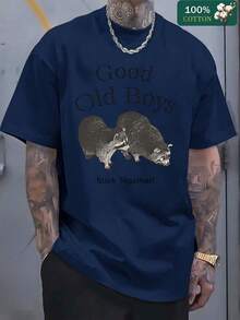 Men's D Old Boys Graphic T-Shirt, Retro Vintage Bull & Sheep Print, Classic Distred Design, Soft  Cotton, Casual Everyday Wear For Men, Gift For Dad Or Friend, Sti Together Style - 藏蓝色 - 查看 1