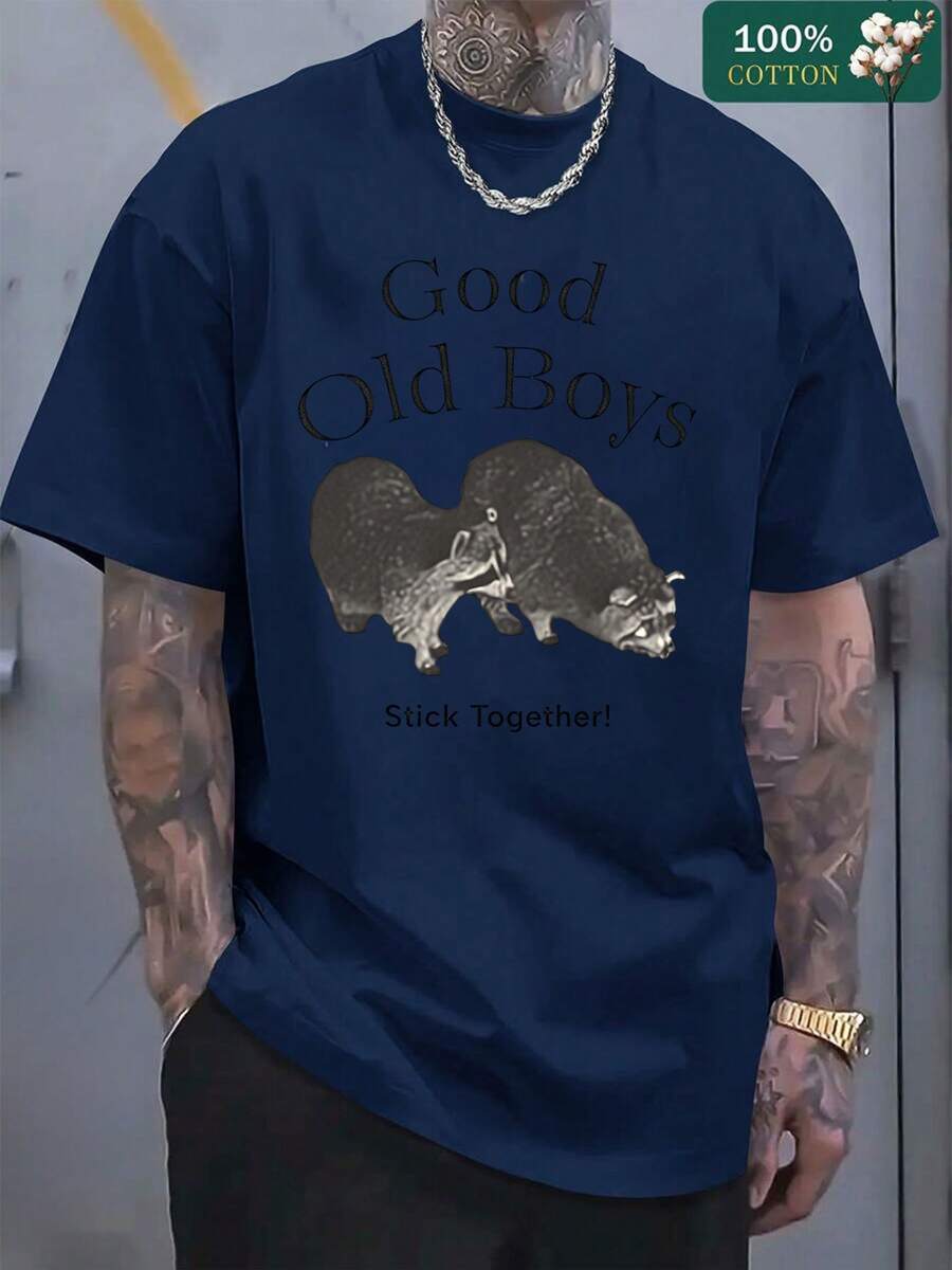 Men's D Old Boys Graphic T-Shirt, Retro Vintage Bull & Sheep Print, Classic Distred Design, Soft  Cotton, Casual Everyday Wear For Men, Gift For Dad Or Friend, Sti Together Style - 藏蓝色 - 查看 1