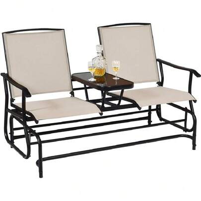 Patio Bench Glider Chair With Metal Frame, Center Tempered Glass Table, Outside Double Rocking Swing Loveseat For Porch, Garden, Poolside, Balcony, Lawn Rocker Outdoor Glider Bench(Beige),23561718