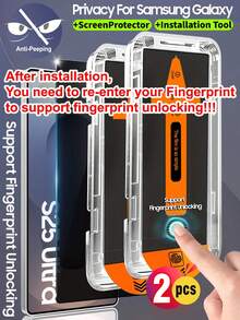 ZYONS 2pcs Privacy Screen Protector For Samsung Galaxy S Series, Supports 0.2s Fingerprint Unlock, Comes With Auto-Cleaning And Auto-Alignment Tools, Compatible With Galaxy S25 Ultra/S25+/S25/S24 Ultra/24 Plus/24/23/22/21, 25° Anti-Peeping Tempered Glass, Full Coverage, Anti-Fingerprint, Anti-Drop, Anti-Scratch, Bubble-Free, Great Gift For Birthday, Family, Friends, Phone Screen Protector, Phone Accessories