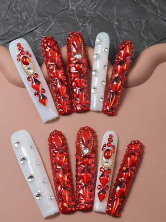 CrystalHola Christmas Nails 10 Pcs Handmade Fake Nails Press On Nails, French Tip Nails, Extra Long Nails With Full Coverage Red Rhinestones, White Glitter Holiday Nails, Y2K Light Luxury Nails, Suitable For Music Festival Parties And Daily Wear, Fall And Winter, A Good Gift For Girls And Women Halloween Nails