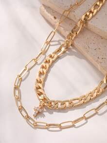 Tkool 2 pièces Collier chaîne en cuivre incrusté de zirconium cubique style hip-hop, chaîne épaisse exagérée, ensemble de collier trombone pour le port en extérieur - Or jaune - Voir 2