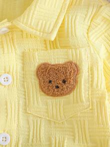2pcs Baby Boy Street Fashion Textured Pocket Bear Embroidered Shirt And Pants Set - Yellow - View 4
