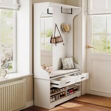 Appendiabiti da ingresso con scarpiera, set appendiabiti da ingresso con specchio, 4 ganci appendiabiti, 1 asta appendiabiti, 2 cassetti, appendiabiti da ingresso (bianco, 104 x 35 x 180 cm)