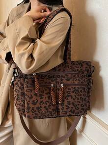 Túi Tote Đeo Vai Vải Nhung Nâu Họa Tiết Da Báo Thời Trang Thu Đông, Túi Vải Nữ Dung Tích Lớn, Nhẹ, Tối Giản, Gấp Gọn, Phong Cách Trường Học/Cao Đẳng, Nhiều Ngăn Khóa Kéo, Thường Ngày Đa Năng, Phù Hợp Sử Dụng Hàng Ngày, Đi Làm, Mua Sắm - màu nâu - Xem 6