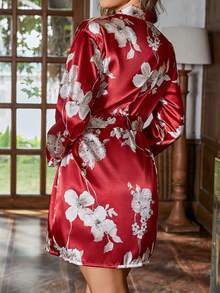 1pc Women Elegant Floral Print Loose Robe With Tie Waist, Comfortable Sleepwear Bathrobe For Home Wear - Red - View 5