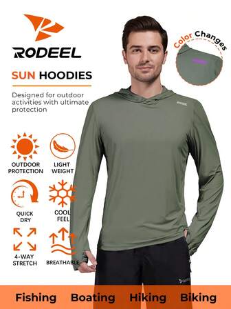 RODEEL قميص صيد طويل الأكمام مزود بقبعة للرجال، حماية من الشمس، سريع الجفاف، قابل للتنفس، مثالي للصيد والتنزه والرياضة وغيرها من الأنشطة الخارجية