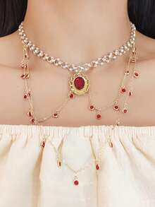 1pc Vintage Fashion Crystal Butterfly Tassel Layered Necklace For Women - Red - View 4