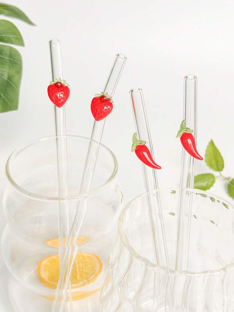 1/2/4Pcs Reusable Glass Straws With Red Strawberry/Chili Charms, Cute Bent And Clear Glass Drinking Straw With Cleaning Brush, For Kitchen Accessories, Water Cup,Cold Drinks, Milk Tea, Coffee, Juice, Smoothies, Kitchens, Restaurants, Cocktail Parties, Back-To-School, Gifts For Girlfriends/Boyfriends, Parents, Friends, Holiday Supplies.New Year, Valentine's Day. - 款式1 - 查看 7