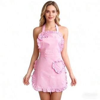 Rosa köksförkläde för kvinnor - Knytförkläde, Volangförkläde, Hjärtformad rosettficka, Lätt att rengöra matlagningsförkläde, Söt bakförkläde, Mors dag-present, Alla hjärtans dag-present