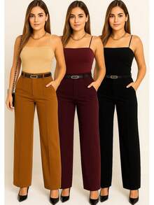 Kit 3 Women's Tailored Trousers With Belt - Black / Caramel / Wine - View 2