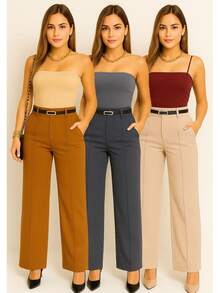Kit 3 Women's Tailored Trousers With Belt - Caramel/Gray/Beige - View 2