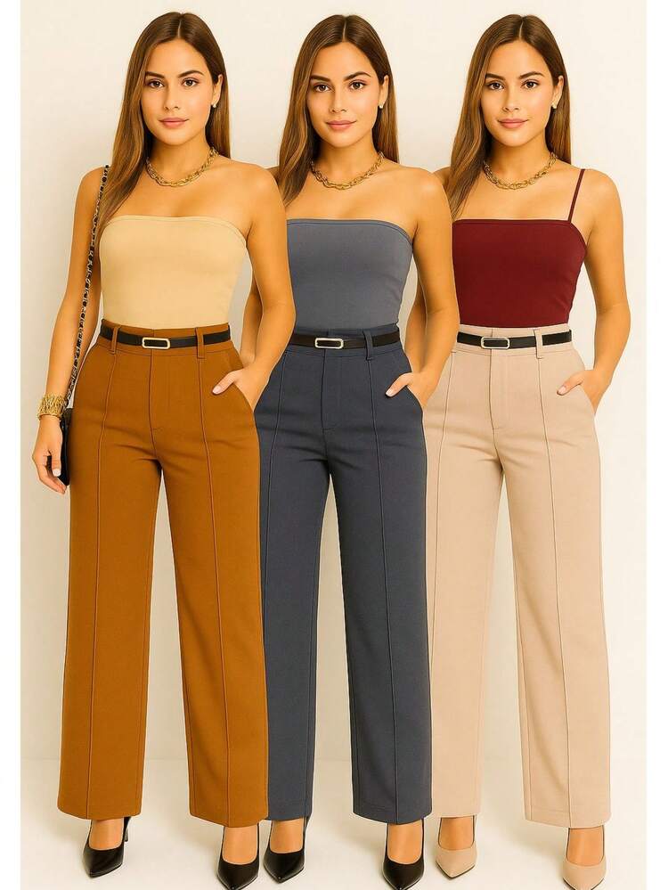 Kit 3 Women's Tailored Trousers With Belt - 焦糖色/灰色/米色 - 查看 2
