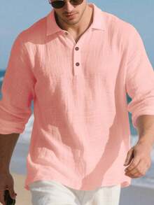 Men's Lightweight Linen Long Sleeve Polo Shirt, Half-Zip Button Design, Breathable And Comfortable, Suitable For Beach, Outdoor Activities, Family Gatherings (Note: White, Light Blue, Etc. Colors Are Slightly Sheer; European And American Sizes Run Large, Recommend Ordering One Size Down) - Baby Pink - View 3