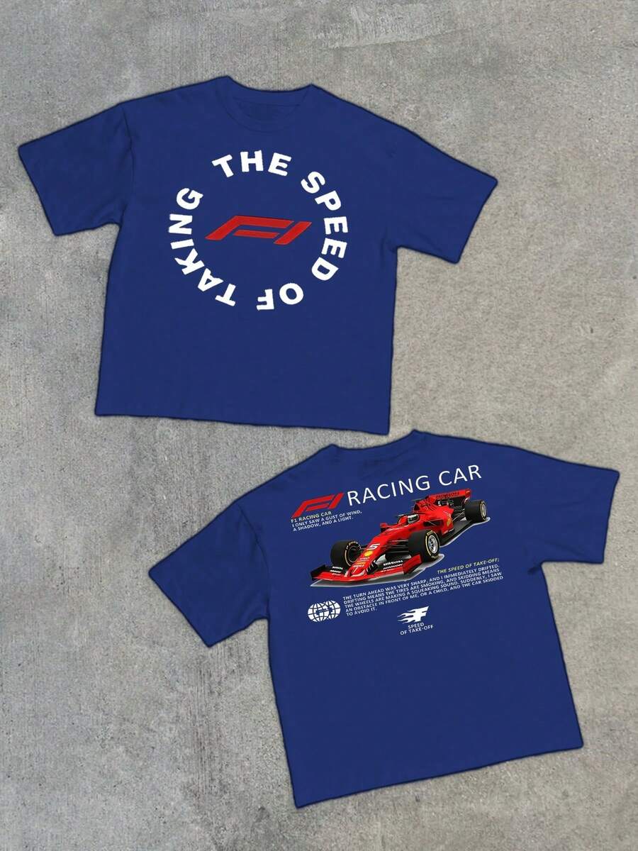 1pcs 220g Men's 100% Cotton Double Sided Digital Printed T Shirt With Red Formula Racing Car Casual Graphic Tee Speed Of T Shirt Sport Style - 藍色 - 查看 1