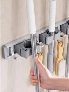 قطعة واحدة 4 مقطع و 5 خطاف الألومنيوم رف ممسحة معلق للحائط حمام مثبت رفوف , الى ممسحة , مكنسة تخزين و شرفة استخدام - رمادي - مشاهدة 4