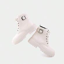 1 双女式羊毛衬里短靴，圆头系带，适合室内外穿着，侧拉链厚底女式摩托车靴 - 米色 - 查看 8