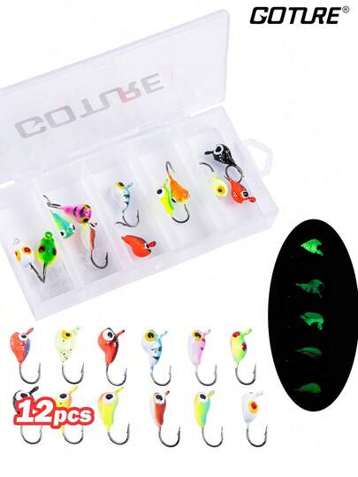 GOTURE 12/25 قطعة من طعوم الصيد بالجليد ذات الرأس المضيء، مجموعة طعوم صيد الجليد الصغيرة الصلبة المضيئة للسمك الأبيض والبرش والسمك الأزرق