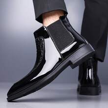 Men's Fashionable Business Chelsea Boots With Pressed Crocodile Texture Design, Elastic Band Ankle Dress Boots, Business Party Pointed Low Heel Fashion Footwear - 黑色 - 查看 4