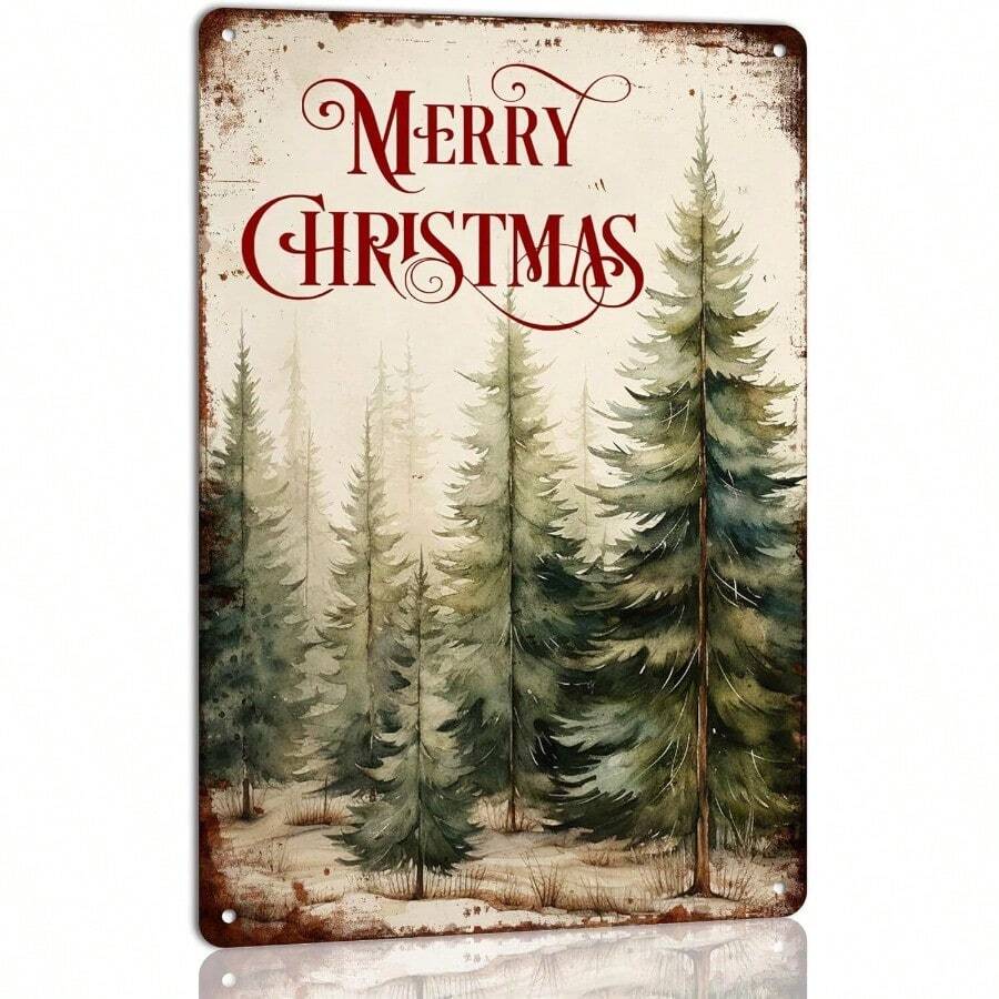 Vintage Rustic Merry Christmas Metal Tin Sign - Snowy Pine Forest & Red Lettering Wall Art For Farmhouse Kitchen, Indoor/Outdoor Holiday Decor - Durable Iron Christmas Tree Decoration With Easy Mounting Hardware - Nhiều màu - Xem 1