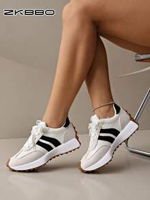 ZKBBO 女士休闲平底运动鞋，轻便舒适简约系带运动鞋，防滑耐用健身步行鞋 - 米色 - 查看 5