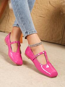 2026 Damen Mode Perlen Lackschuhe mit quadratischer Spitze im Vintage-Stil, vielseitige Lässig Schuhe für Frühling/Herbst, 2025 Neuankömmling Bestseller Damen Ballerinas mit Perlenlack - Heißes Pink - Übersicht 1