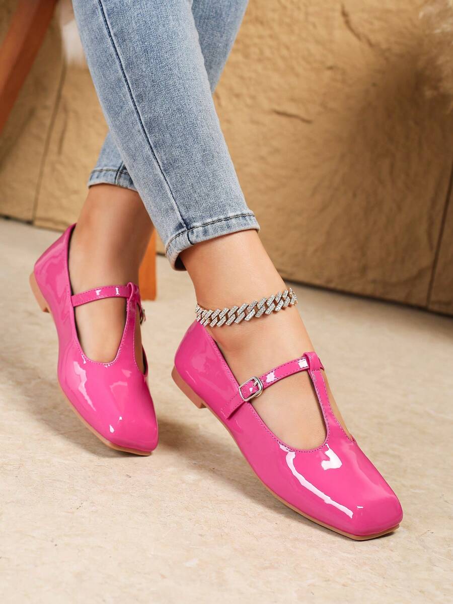 2026 Damen Mode Perlen Lackschuhe mit quadratischer Spitze im Vintage-Stil, vielseitige Lässig Schuhe für Frühling/Herbst, 2025 Neuankömmling Bestseller Damen Ballerinas mit Perlenlack - Heißes Pink - Übersicht 1