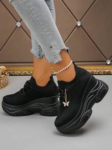 Women's Comfortable Casual Fabric Lace-Up Platform Wedge Sneakers, Solid Color Butterfly Design, Suitable For Outdoor Wear All Seasons