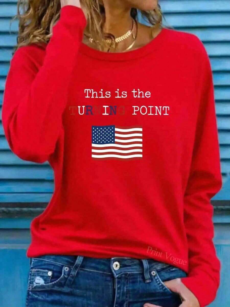 Women's White 'This Is A Turning Point' Protest T-Shirt - Long Sleeve Casual Crew Neck Top With Flag And Symbol Print, Soft And Comfortable For All Seasons, Political Statement Gift For Clothing-White And Navy Off-The-Shoulder Cropped Top - 紅色 - 查看 1