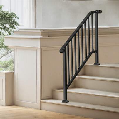 Handrails For Outdoor Steps, 3-4 Step Stair Hand Rail Kit, Transitional Iron Railings With Installation Kit, Stair Rails For Seniors, Concrete Steps & Porch & Deck, Black Retro Arch