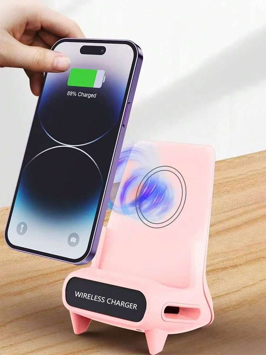 Bộ sạc không dây 15W sáng tạo mới, giá đỡ điện thoại/máy tính bảng đa chức năng kiêm loa không dây, phù hợp với điện thoại hỗ trợ sạc không dây QI, Android và các dòng máy 8/X/11/12/13/14/15/16/17. - Hồng - Xem 1