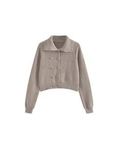 Women's Knit Cardigan With Lapel Collar, Slim Fit Crop Top, New Arrival For Early Autumn - Gray Apricot - View 4