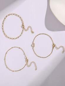 Nooxian 3pcs/Set Women Bracelet Set, Casual Elegant Gold-Tone Zirconia Heart Pendant & Beaded Chain Layered Bracelets, Suitable For Daily Wear - Yellow Gold - View 3