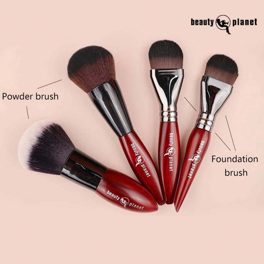 Brochas de maquillaje profesionales de pelo de caballo natural de lujo Beauty Planet para base en polvo y rubor, herramientas cosméticas - Rojo - Ver 1