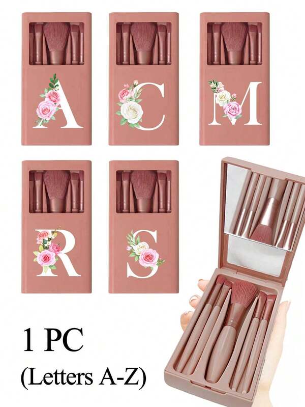 5pcs/Set Portable Makeup Brush Set With Mirror, Printed White Flower Letters A-Z, Boxed Makeup Brush Set, Multi-Functional Makeup Brush With Mirror Box, Mini Multi-Functional Makeup Pen, Foundation Make-Up Up Brush, Eye Shadow Brush, Primary Beauty Tool Mixing Brush The Makeup Rack Of The Makeup Organizer Includes Makeup Brush, Convenient Girl Gift Makeup Tool Set Ideal Gift, Portable Travel Supplies Travel Necessities,Christmas Gifts