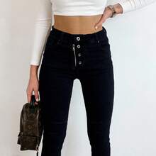 Jeans boyfriend à boutons pour femmes, pantalon en jean casual coupe maman - Noir - Voir 4