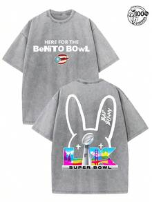 BadBunny Benito Bowl T Shirt,Retro Washed T-Shirt Double Sided Printed (230 Pure Cotton T-Shirt),Christian Gift, Men's T-Shirt, Men's Casual, Comfortable, Fashionable T-Shirt, Street Style Cotton - Xám - Xem 1
