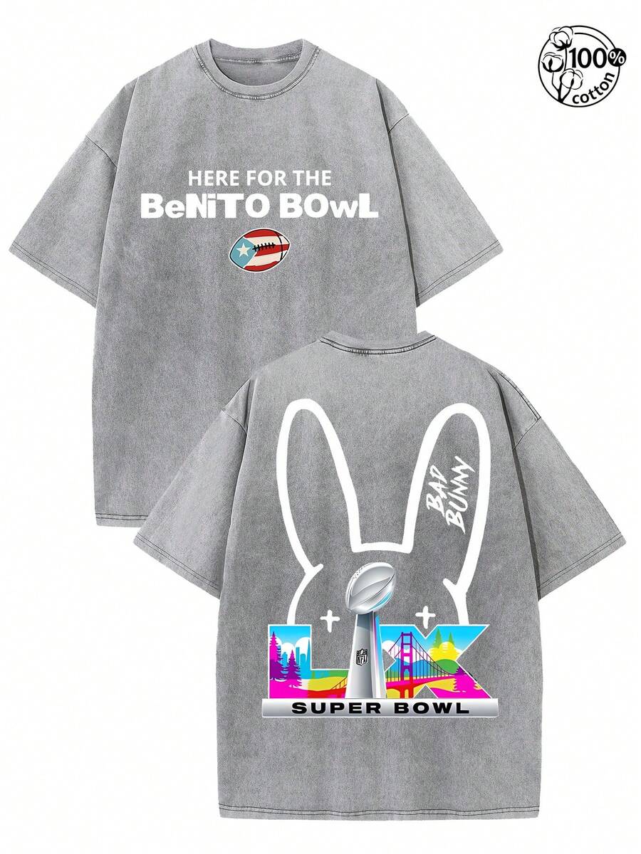 BadBunny Benito Bowl T Shirt,Retro Washed T-Shirt Double Sided Printed (230 Pure Cotton T-Shirt),Christian Gift, Men's T-Shirt, Men's Casual, Comfortable, Fashionable T-Shirt, Street Style Cotton - Xám - Xem 1