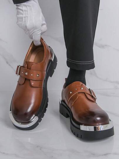 Sapatos Derby de Sola Grossa Masculinos, Mocassins de Fivela de Metal para Negócios, Sapatos Casuais de Estilo Britânico Retrô, Sapatos para Casamento e Escritório