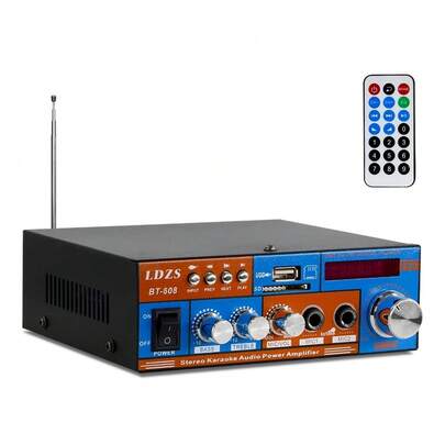 Mini Amplificador Karaoke 2 Canais 110V/12V Bluetooth USB FM AUX Mic 300W