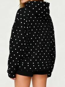 Women Casual Fall Hooded Sweatshirt With Front Pocket Dot Print Casual Long Sleeve Pullover Hoodies Outwear - 黑色 - 查看 6