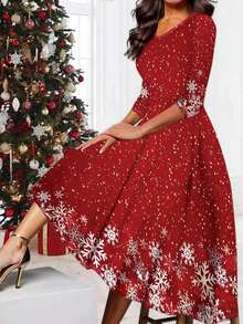 Fashionable Casual Vacation Style Elegant Women's Versatile Slim Fit Outdoor, Home, Travel, Work Dress, Women's Christmas Snowflake Print Casual Graceful Dress, Autumn/Winter