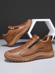Herren Lässig Sportschuhe, Outdoor Lederschuhe, modische Reißverschluss Knöchelstiefel, wasserdichte Lederstiefel, Lässig Loafer, wasserdichte rutschfeste Sneaker, dicksohliger erhöhter Lederschuh, Doppelreißverschluss personalisierte vintage-style wasserdichte Leder Kurzstiefel - Braun - Übersicht 3