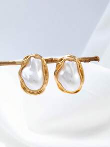 1 par de pendientes de perlas falsas con forma geométrica de moda para mujeres