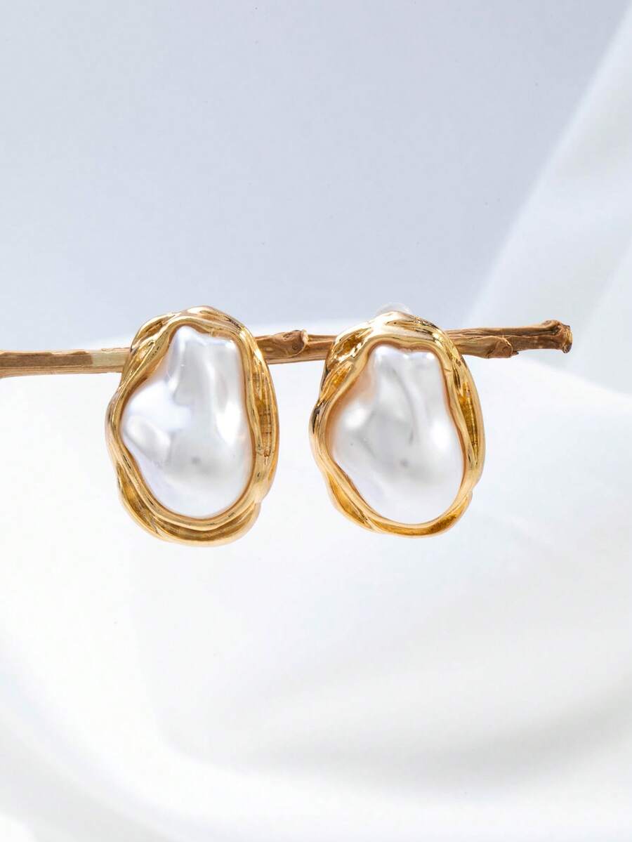 1 par de pendientes de perlas falsas con forma geométrica de moda para mujeres