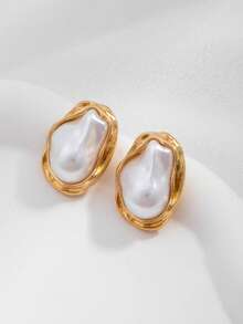 1 par de pendientes de perlas falsas con forma geométrica de moda para mujeres